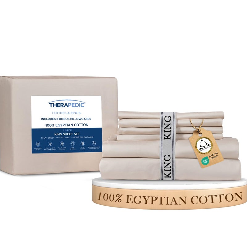 Therapedic طقم ملاءات كينغ 6 قطع من قطن مصري 100% - تبريد طبيعي وقابل للتنفس ساتين، غسيل ملابس مسبق الانكماش، ملاءة مفروشة بعمق 16 بوصة، أغطية وسائد إضافية، ناعمة ومتينة - ضباب - Image 1