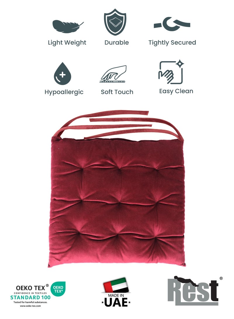 REST Pack of 4 Velvet Soft Chair Pad with Seat Ties Suitable for Garden , Kitchen and Office Chairs Indoor and Outdoor  Maroon 40x40cm - Image 5