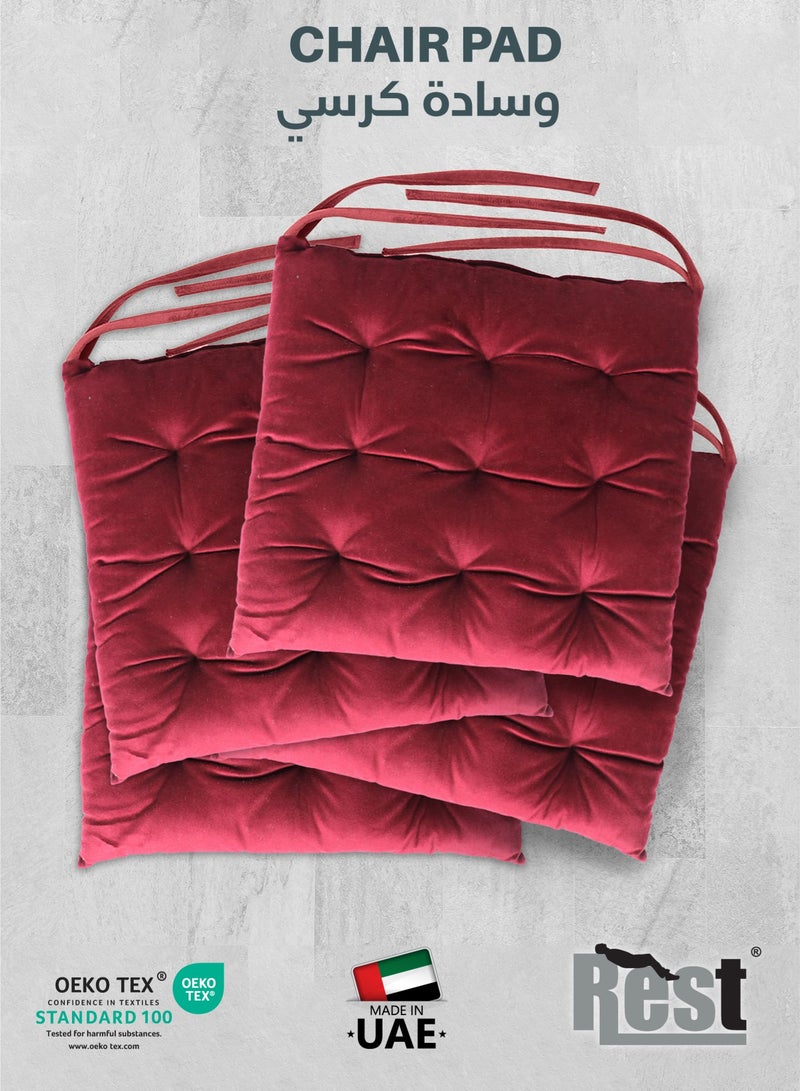 REST Pack of 4 Velvet Soft Chair Pad with Seat Ties Suitable for Garden , Kitchen and Office Chairs Indoor and Outdoor  Maroon 40x40cm - Image 1