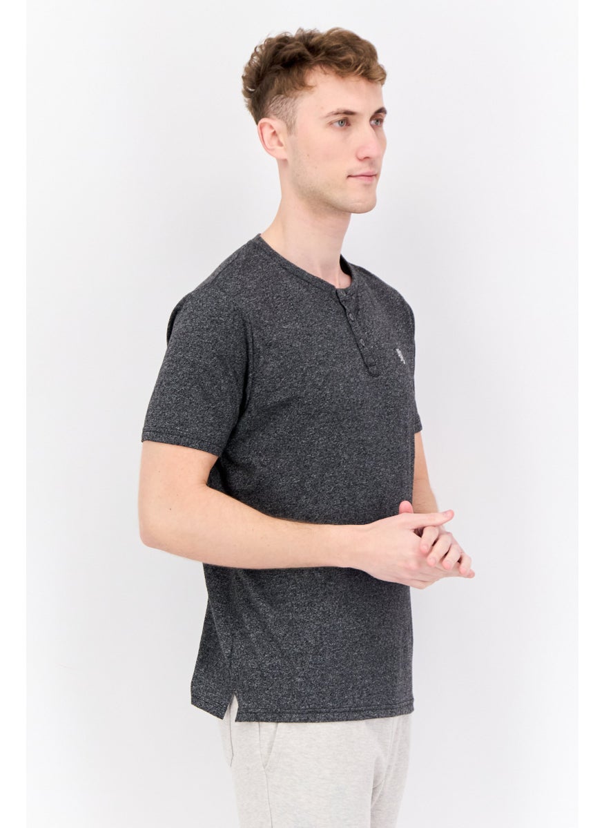 English Laundry Men Henley Neck Short Sleeve Embroidered Logo T Shirt, Grey  - Image 2