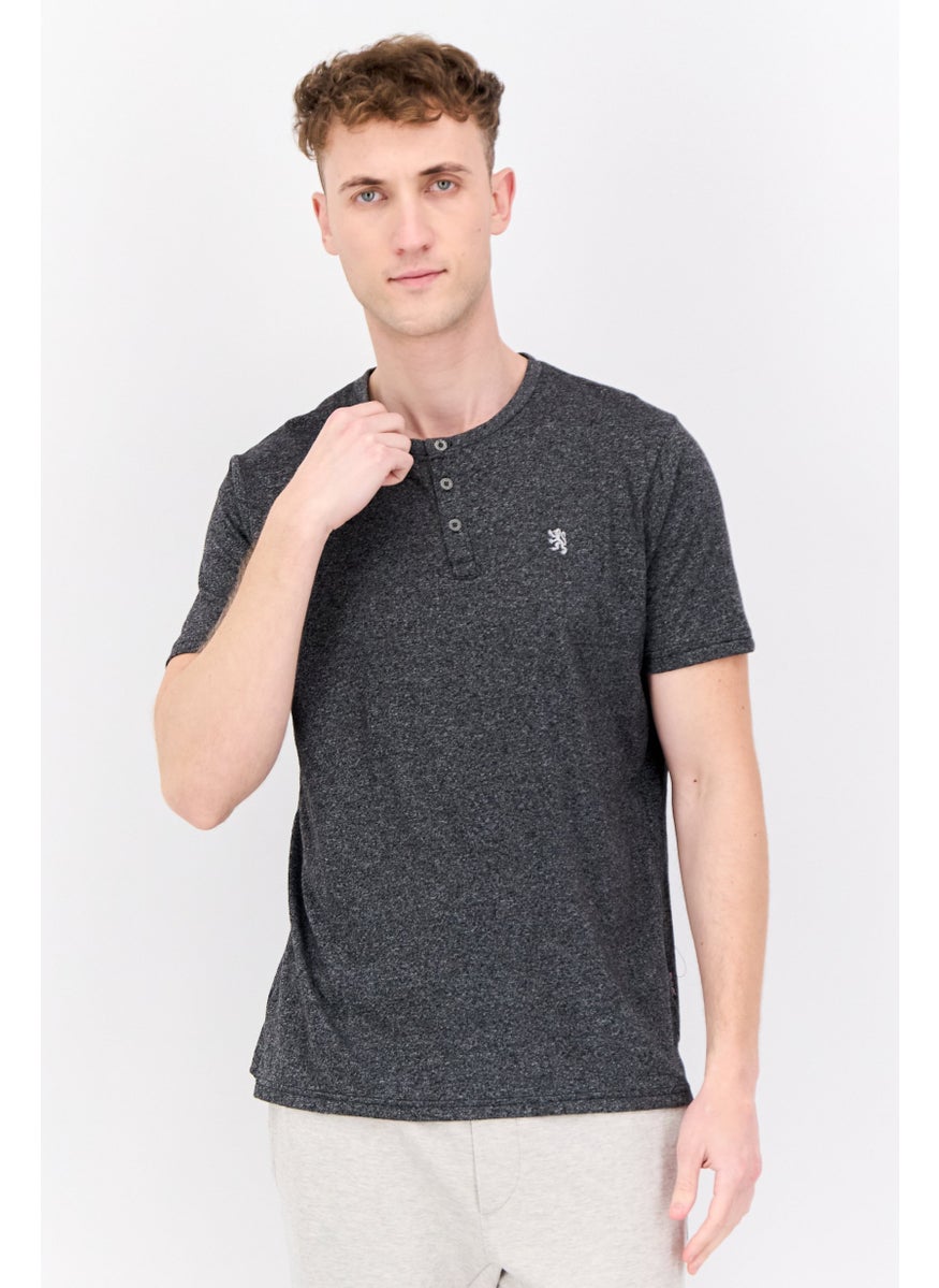 English Laundry Men Henley Neck Short Sleeve Embroidered Logo T Shirt, Grey  - Image 1
