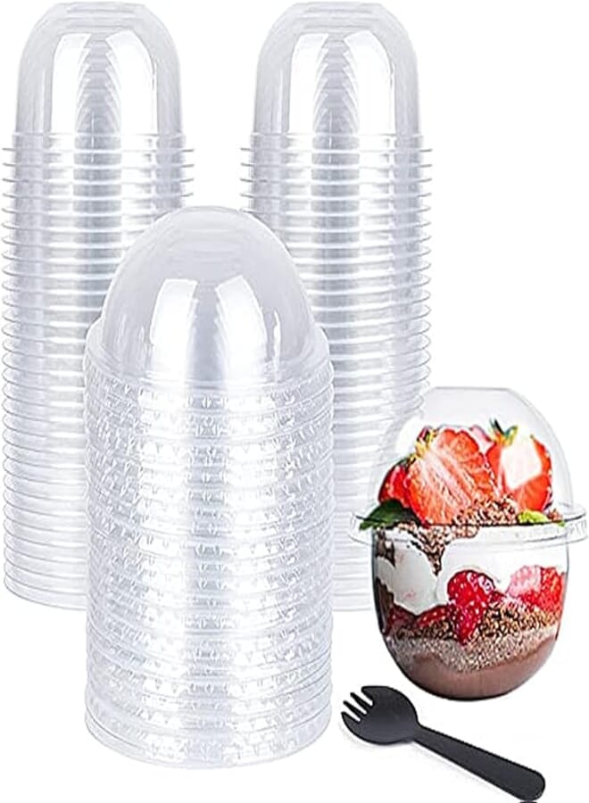 Vanproo HotCold Plastic Cups with Dome Lids No hole - 50 Sets Plastic Dessert Cups for Ice Cream Dessert Soup Parfait Banana Pudding Jello Individual Desserts, Fruit Cup with No Leak (8.5oz), Clear