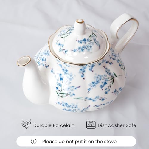LEAZUL 338 oz Porcelain Tea Pot Luxury Gold Trim Floral Ceramic Teapot Waterpot Tea Maker for Blooming Loose Leaf Tea Coffee Milk Chrismas Women Gift Housewarming Home Kitchen Dcor Blue Blossom - Image 3