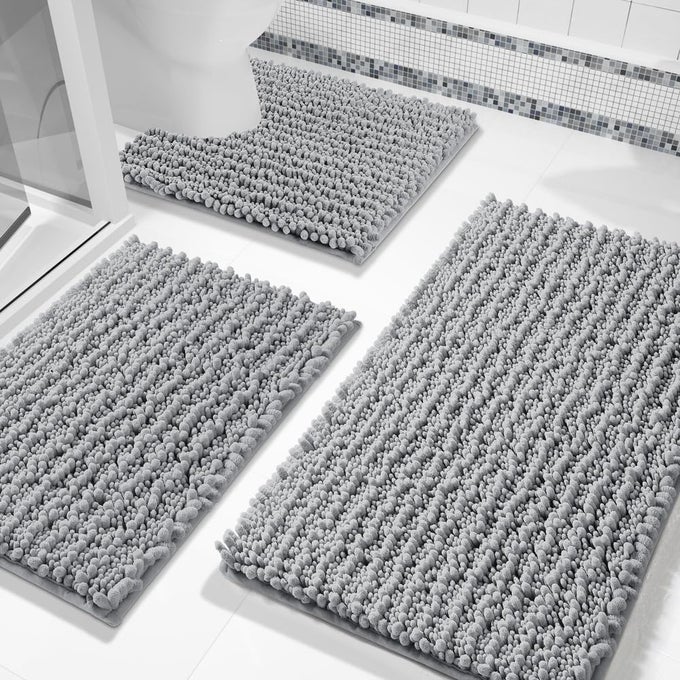 BATHROOM RUG SET 3 PIECE EXTRA SOFT ABSORBENT CHENILLE TOILET MAT WITH USHAPED RUG FLUFFY SHAGGY MACHINE WASHABLE NONSLIP BATH MATS FOR SHOWER TUB BATHROOM GREY