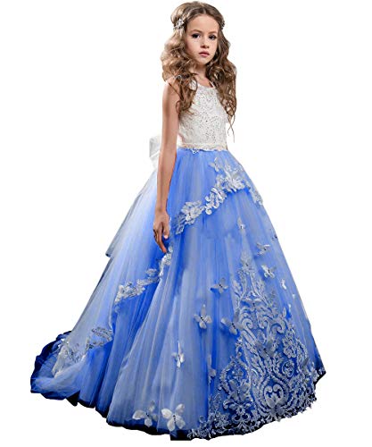Flower Girl Dress Kids Lace Beaded Pageant Ball Gowns Size 2 Royal Blue