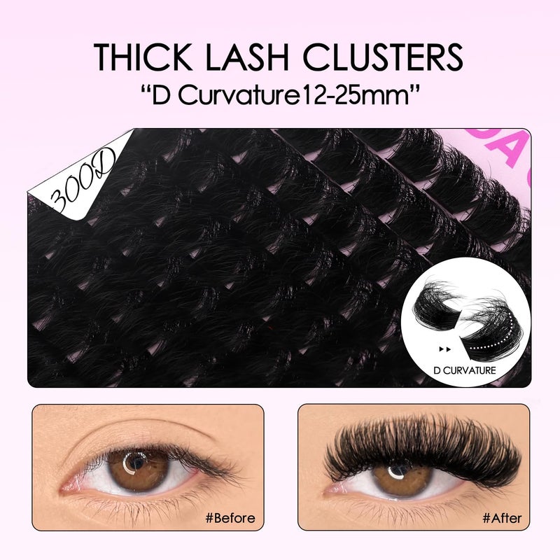 SOFENIDA Lash Clusters 300D Volume Lash Clusters 12-25mm Long Volume Cluster Eyelash Extensions D Curvature Waterproof Eyelash Clusters Individual Cluster Lashes Soft Wispy DIY Lash Extension by Sofenida - Image 2