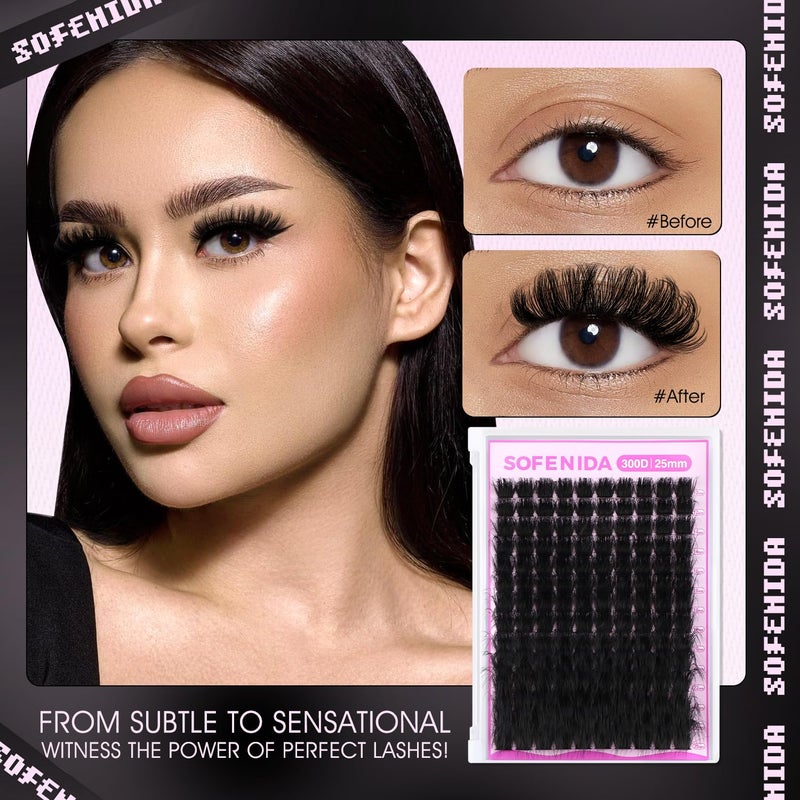 SOFENIDA Lash Clusters 300D Volume Lash Clusters 12-25mm Long Volume Cluster Eyelash Extensions D Curvature Waterproof Eyelash Clusters Individual Cluster Lashes Soft Wispy DIY Lash Extension by Sofenida - Image 4
