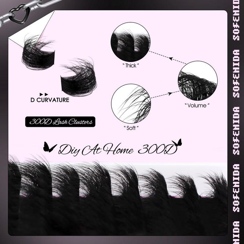 SOFENIDA Lash Clusters 300D Volume Lash Clusters 12-25mm Long Volume Cluster Eyelash Extensions D Curvature Waterproof Eyelash Clusters Individual Cluster Lashes Soft Wispy DIY Lash Extension by Sofenida - Image 3