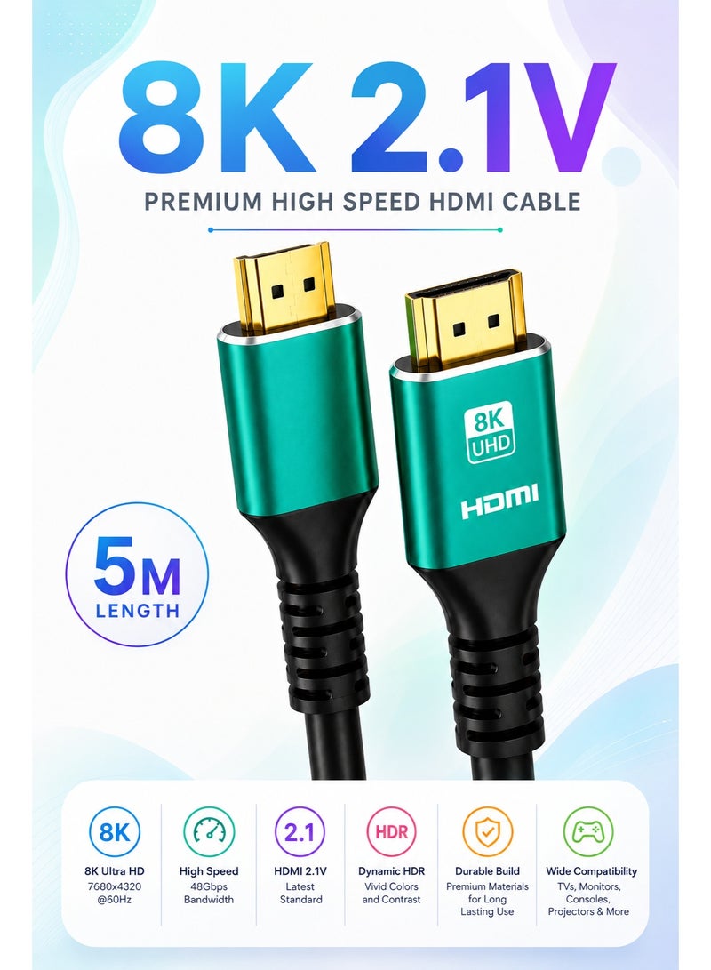 ​كابل كونف كابل HDMI 2.1 بدقة 8K، طول 5 أمتار، يدعم دقة 8K بمعدل 60 هرتز، و4K بمعدل 120 هرتز، و2K بمعدل 240 هرتز، و1080P بمعدل 240 هرتز، بسرعة نقل بيانات تصل إلى 48 جيجابت في الثانية، ويدعم تقنيات 3D، وHDR، وHDCP، وeARC، وDolby. كابل HDMI فائق السرعة لأجهزة الكمبيوتر المحمولة، وأجهزة الكمبيوتر المكتبية، والشاشات، وأجهزة العرض، وأجهزة التلفزيون، وأجهزة PS4، وPS5، وXbox، وSwitch، وأجهزة التلفزيون عالية الدقة، وكاميرات DSLR. - Image 1