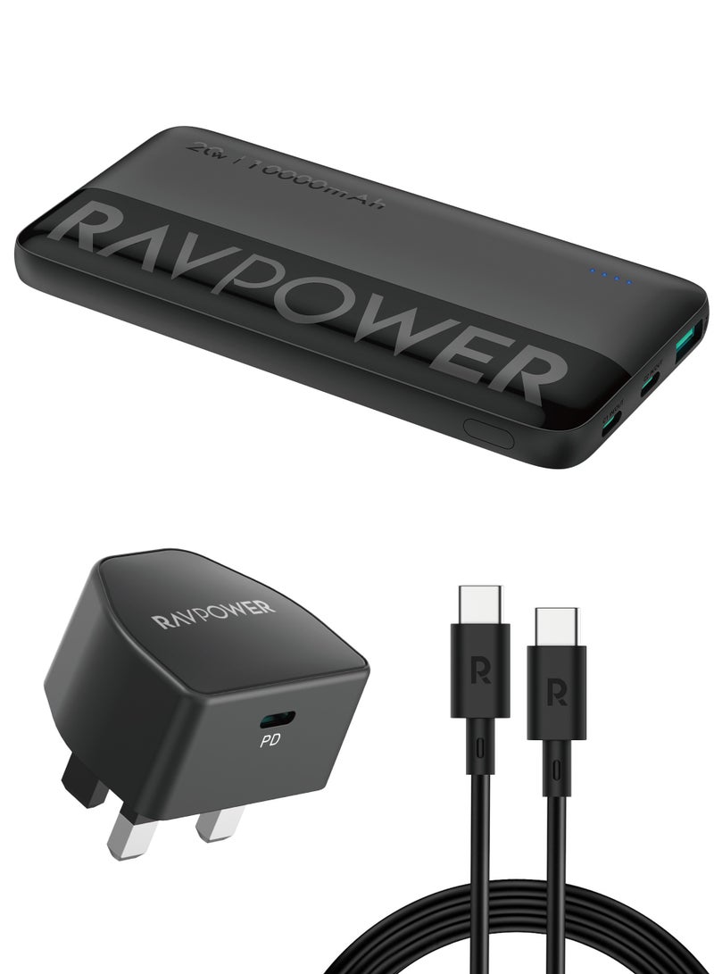 RAVPOWER 10000 mAh Fast Charging Combo 10000mAh Power Bank 20W Wall Charger USB-C 60W Cable Portable Charging Kit for iPhone Samsung Galaxy iPad RP-PC1085 black - Image 1