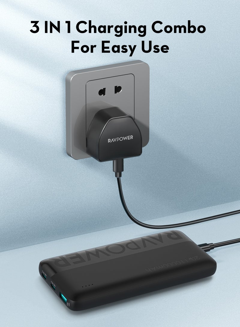 RAVPOWER 10000 mAh Fast Charging Combo 10000mAh Power Bank 20W Wall Charger USB-C 60W Cable Portable Charging Kit for iPhone Samsung Galaxy iPad RP-PC1085 black - Image 3