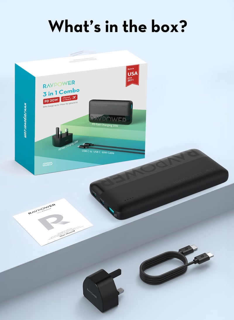 RAVPOWER 10000 mAh Fast Charging Combo 10000mAh Power Bank 20W Wall Charger USB-C 60W Cable Portable Charging Kit for iPhone Samsung Galaxy iPad RP-PC1085 black - Image 2