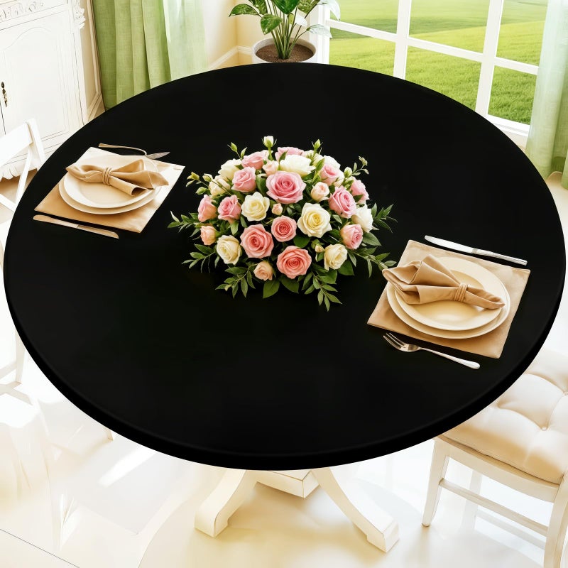 Moosfor Round Spandex Tablecloth, Elastic Fitted Waterproof Tablecloths for 36"-44" Tables, Stretch Washable Picnic Table Cover for Camping, Dining, Indoor and Outdoor, Black - Image 1