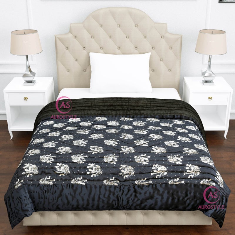 AUROSTYLE Rajasthani Cotton Filled Light Weight Silk Soft Jaipuri AC Quilt Dohar Over All Floral Print Design Blankets for Home (85x55 Inch,Black-2 Elephant Print, Single Bed) - Image 3