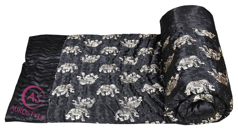 AUROSTYLE Rajasthani Cotton Filled Light Weight Silk Soft Jaipuri AC Quilt Dohar Over All Floral Print Design Blankets for Home (85x55 Inch,Black-2 Elephant Print, Single Bed) - Image 5