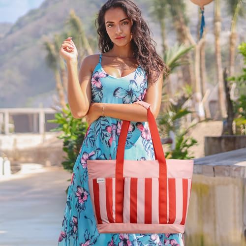 G4Free Beach BagWaterproof Beach Tote Pool Bags for WomenLarge Capacity Foldable for Weekender Travel Red stripe - Image 3