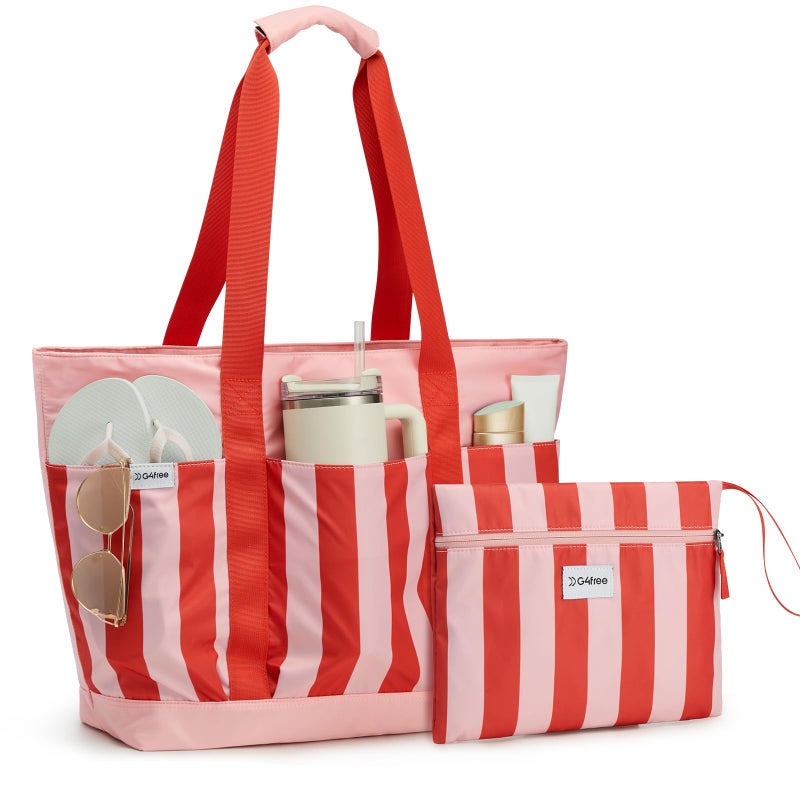 G4Free Beach BagWaterproof Beach Tote Pool Bags for WomenLarge Capacity Foldable for Weekender Travel Red stripe - Image 2