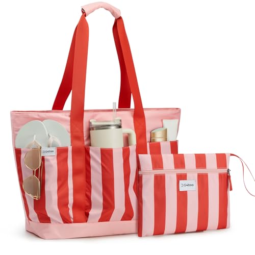 G4Free Beach BagWaterproof Beach Tote Pool Bags for WomenLarge Capacity Foldable for Weekender Travel Red stripe - Image 1
