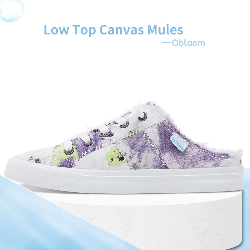 Obtaom Women Tie Dye Canvas Mules Memory Foam Clipper Fashion Sneakers Comfortable Multi Slip-On Mule Backless Holiday Shoes(Purple/Whiteï¼ŒUS8) - Image 3