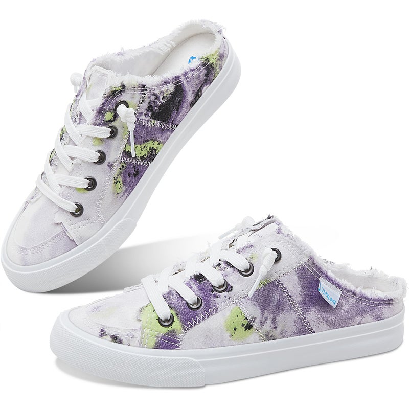 Obtaom Women Tie Dye Canvas Mules Memory Foam Clipper Fashion Sneakers Comfortable Multi Slip-On Mule Backless Holiday Shoes(Purple/Whiteï¼ŒUS8) - Image 1