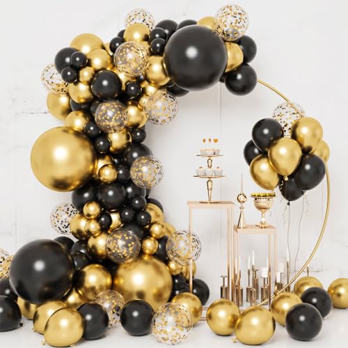 RUBFAC 130pcs Black and Gold Balloons, Black Metal Gold and Metallic Confetti Gold Balloons for 2025 Graduation Class Decorations Retiremen Party Baby Shower Wedding Birthday Anniversary - Image 1