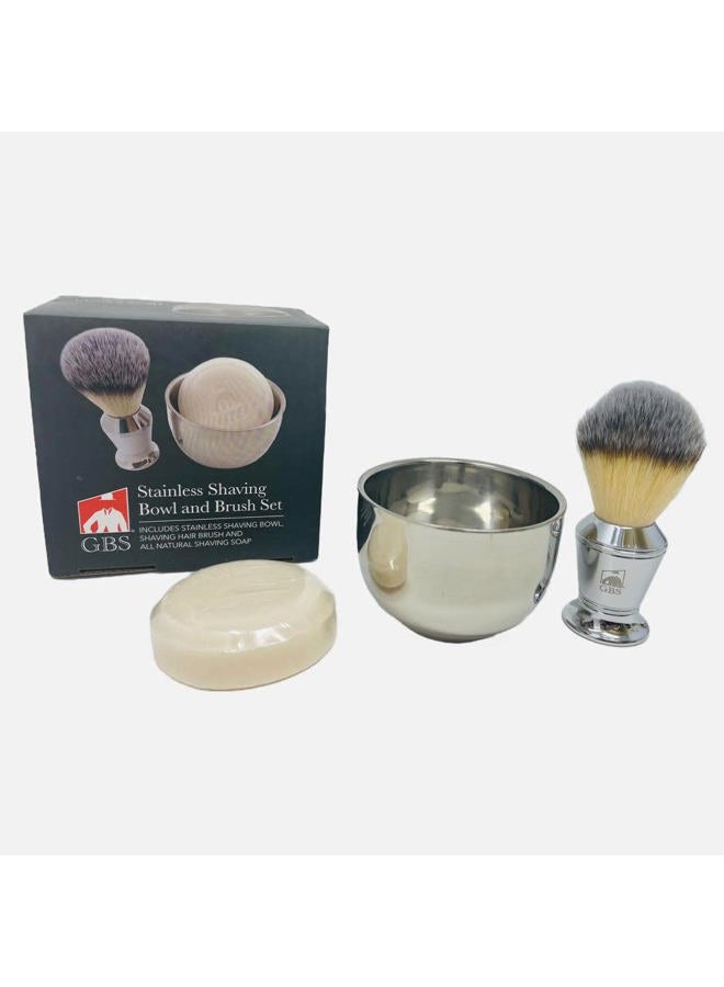G.B.S Men's Shaving Kit 3 pc Stainless Steel Bowl Shaving Soap and Synthetic Shaving Brush Durable Makes a Gift Holiday - Image 1