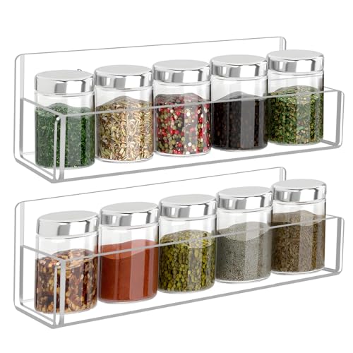 Douildhaiy Acrylic Spice Rack Wall Mount - 9 Inch, Clear Spice Shelf Storage Holder, 2 Pack Hanging Seasoning Organizer for Cabinet Door, Cupboard or Wall Kitchen (Adhesive or Screw) - Image 1