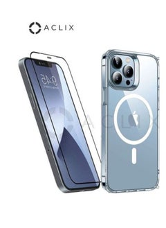 2-in 1 Shockproof Protective Magsafe compatible charging case cover For Apple iphone 14 PRO with 3D Tempered Glass  Screen Protector Clear/black