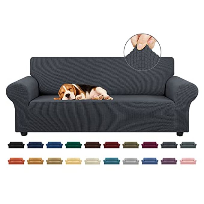 KEKUOU Stretch Sofa Cover Slipcover Couch Covers for 3 Cushion Couch Sofa pet Friendly (78"-94") Furniture Protector Sofa with Elastic Bottom for Kids,Dog, Jacquard Small Checked(Large,Charcoal) - Image 4