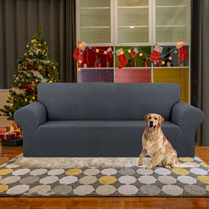 KEKUOU Stretch Sofa Cover Slipcover Couch Covers for 3 Cushion Couch Sofa pet Friendly (78"-94") Furniture Protector Sofa with Elastic Bottom for Kids,Dog, Jacquard Small Checked(Large,Charcoal) - Image 2