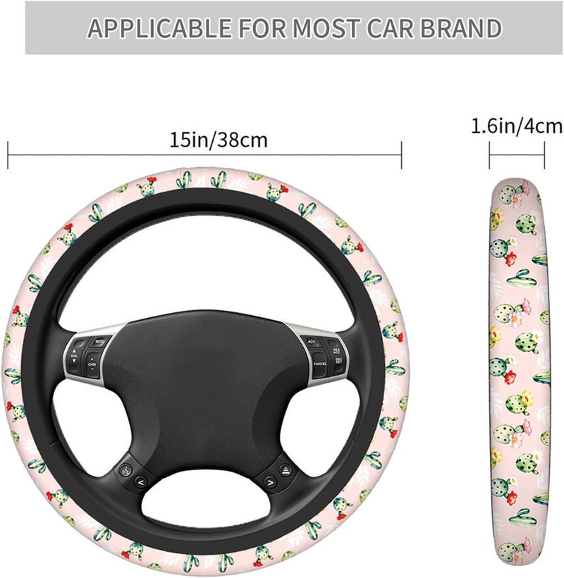 Swono Green Cactus Steering Wheel Cover Cute Prickly Pear Cactus Print Pattern On Pink Universal 15 Inch Auto Car Steering Wheel Covers SUV Anti Slip Wheel Wrap Protector for Men Women - Image 3