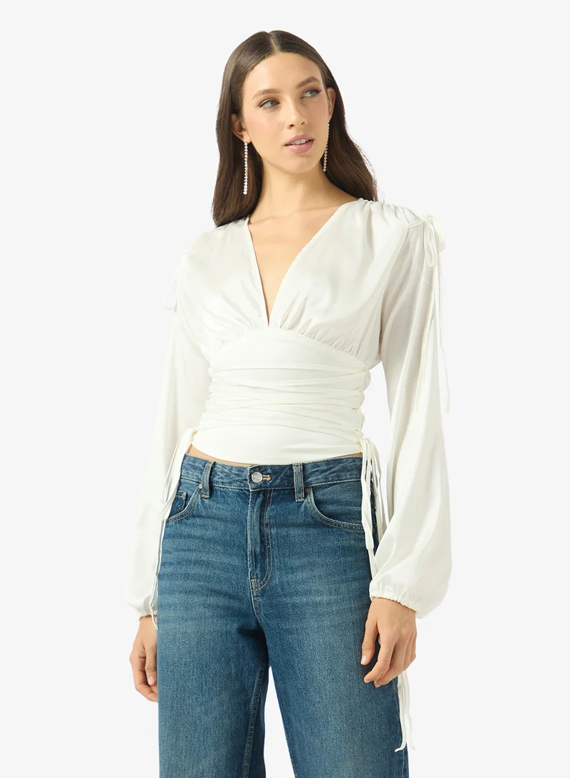 Ginger Plunge Neck Gather Detail Tie Up Top