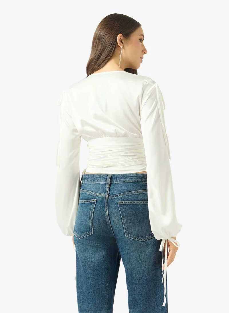 Ginger Plunge Neck Gather Detail Tie Up Top