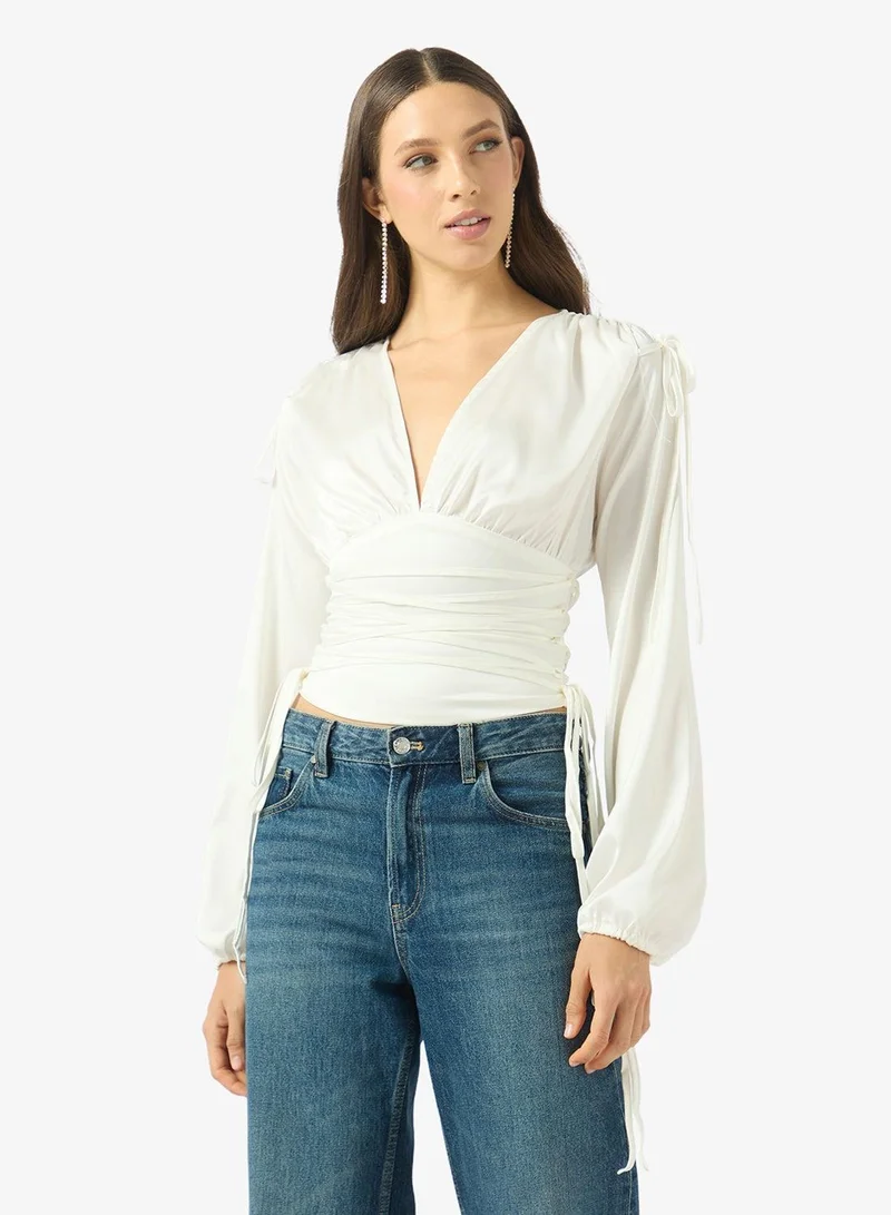 Ginger Plunge Neck Gather Detail Tie Up Top