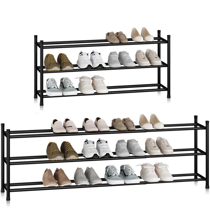 STORAGE MANIAC Long Expandable Shoe Rack, 18 Pairs Metal Wide Stackable Shoe Rack, Adjustable Shoes Shelf, Freestanding Shoes Organizer for Closet, Entryway, Hallway, Garage, Front Door, 3 Tiers - Image 1