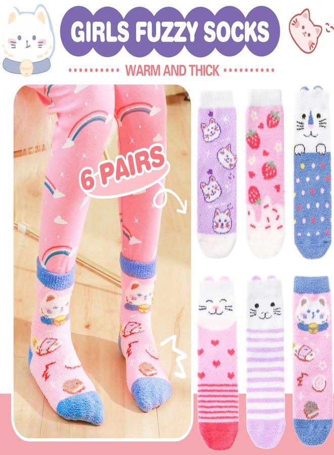 ANTSANG Toddler Kids Girls Fuzzy Grips Socks Non Slip/Anti Skid Slipper Socks Warm Crew Cute Animal Fashion Cartoon Child Socks 6 Pairs Girls Gifts Stocking Stuffers(Cat,4-7 Years) - Image 2