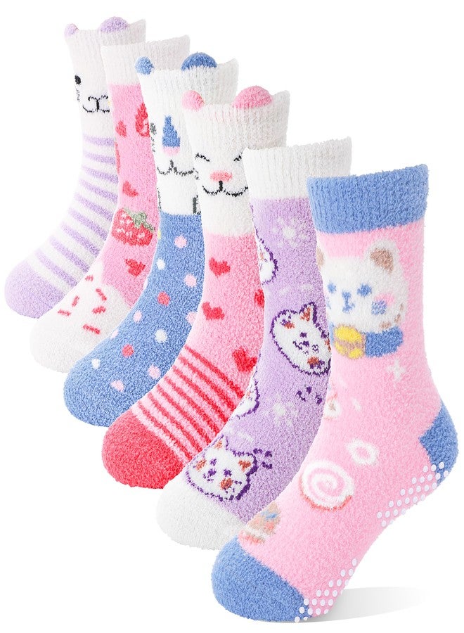 ANTSANG Toddler Kids Girls Fuzzy Grips Socks Non Slip/Anti Skid Slipper Socks Warm Crew Cute Animal Fashion Cartoon Child Socks 6 Pairs Girls Gifts Stocking Stuffers(Cat,4-7 Years) - Image 1