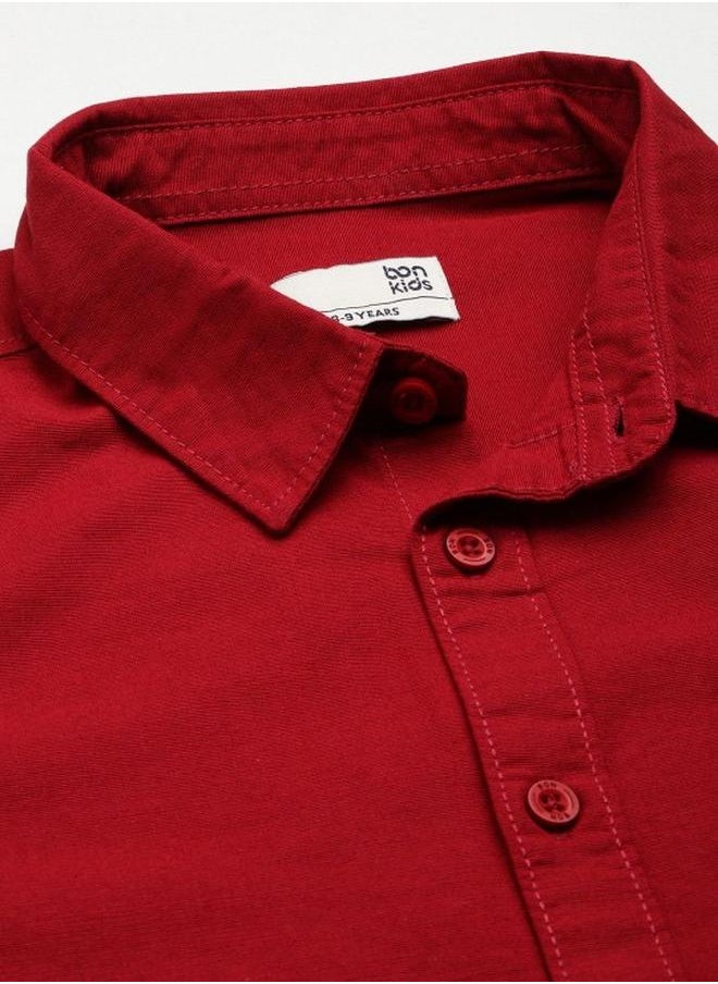 Bonkids - Boy's shirts in regular fit red colour cotton fabric embellished pattern pull over closure woven weave type round collar type round neckline half sleeve length button down upper body wear type suitable for casual occasions – bring home style that tells a story. - Image 1