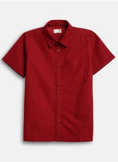 Boy's shirts in regular fit red colour cotton fabric embellished pattern pull over closure woven weave type round collar type round neckline half sleeve length button down upper body wear type suitable for casual occasions – bring home style that tells a story.