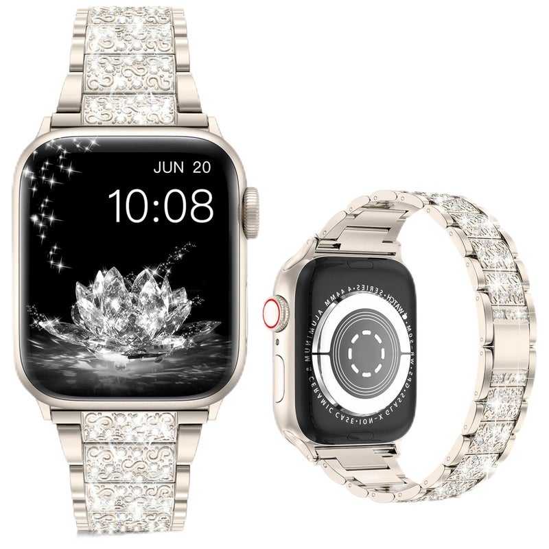 GERRIT Sparkle Bling Diamond Rhinestone Strap Compatible with Apple Watch Series 8/7/6/5/4/3/2/1/SE – 42mm–45mm Women’s Stainless Steel Band (Starlight) - Image 1