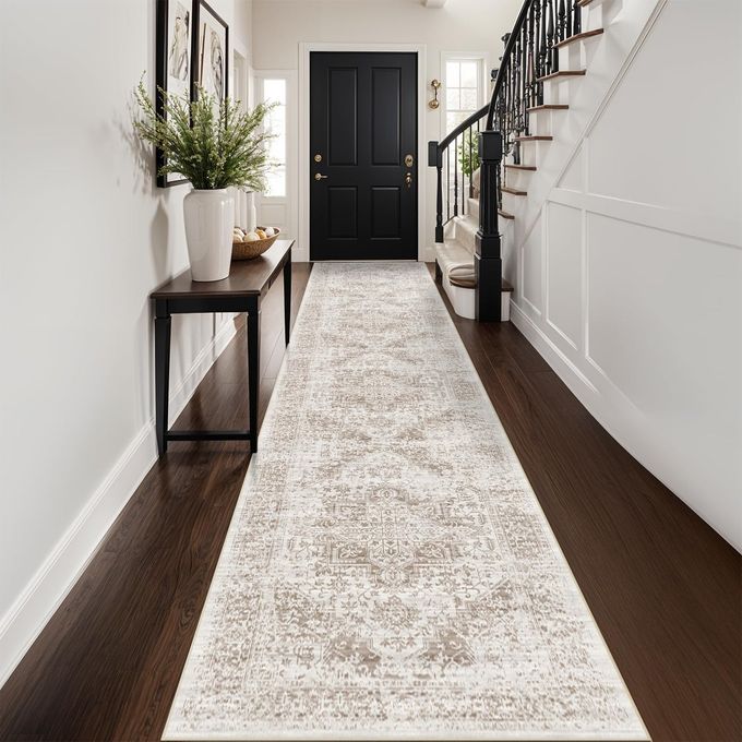WASHABLE 26X14 RUNNER RUG NONSLIP VINTAGE RUNNER RUG FOR ENTRYWAY LOWPILE MEDALLION LONG RUGS FOR HALLWAY WATERPROOF TRADITIONAL RUNNER RUGS INDOOR THIN RUG FOR KITCHEN CREAMBEIGE