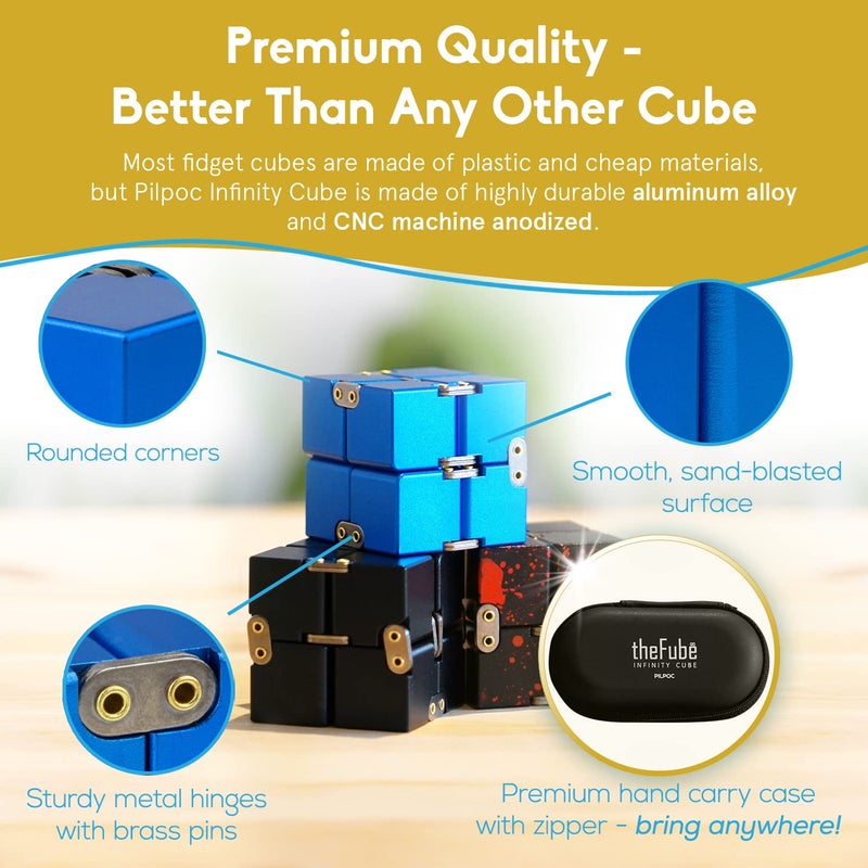 PILPOC theFube Infinity Cube Fidget Desk Toy - Aluminum Infinite Magic Cube with Case, Sturdy, Heavy, Relieve Stress and Anxiety, for ADD, ADHD, OCD (Black) - Image 3