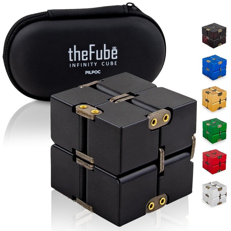 PILPOC theFube Infinity Cube Fidget Desk Toy - Aluminum Infinite Magic Cube with Case, Sturdy, Heavy, Relieve Stress and Anxiety, for ADD, ADHD, OCD (Black) - Image 1