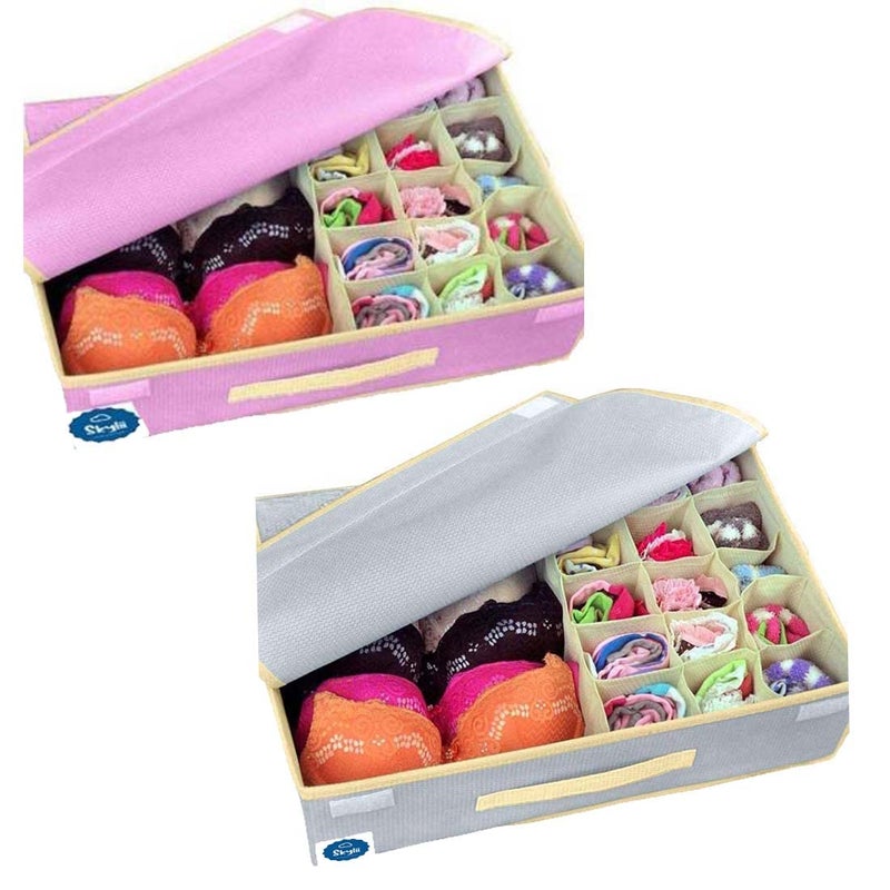 SKYLII SKYLII Lingerie Storage Box Organizer 151 Multi Compartment Cell NonSmell Foldable Lingerie Storage Box With Lid NonWoven Drawer Dividers for Bra Panty Scarfs Tie Underwear etc 2 pc Pink grey - Image 1