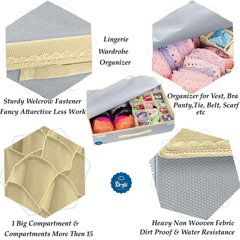SKYLII SKYLII Lingerie Storage Box Organizer 151 Multi Compartment Cell NonSmell Foldable Lingerie Storage Box With Lid NonWoven Drawer Dividers for Bra Panty Scarfs Tie Underwear etc 2 pc Pink grey - Image 3