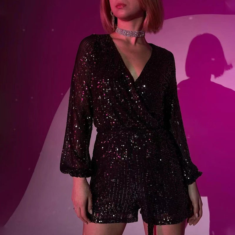 2024 Sequin Long Sleeve Party Dress Romper Pink  - Image 5