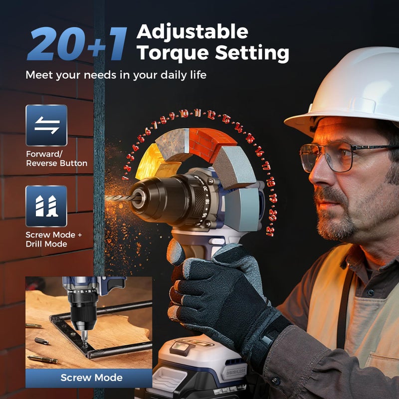 HeroJet 20V Cordless Drill, Power tool, 620 in-lbs Torque, 3/8" Metal Keyless Chuck with Safety Lock, 20+1 Position Electric Drill Driver with LED, Brushless Power Drill with 2.0Ah Battery and Charger - Image 3