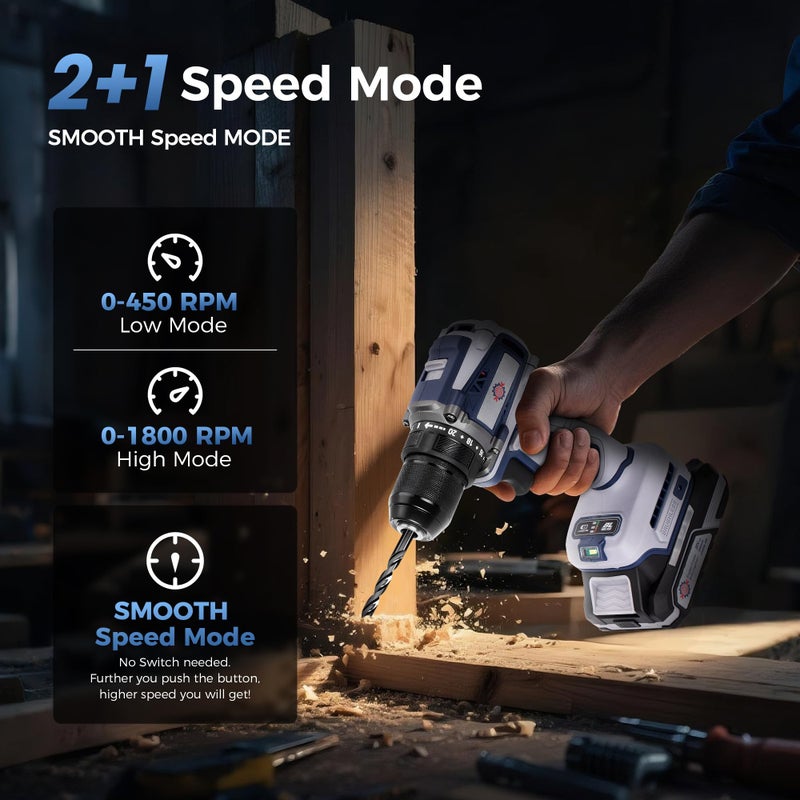 HeroJet 20V Cordless Drill, Power tool, 620 in-lbs Torque, 3/8" Metal Keyless Chuck with Safety Lock, 20+1 Position Electric Drill Driver with LED, Brushless Power Drill with 2.0Ah Battery and Charger - Image 4