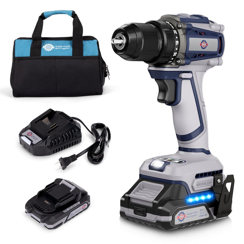 HeroJet 20V Cordless Drill, Power tool, 620 in-lbs Torque, 3/8" Metal Keyless Chuck with Safety Lock, 20+1 Position Electric Drill Driver with LED, Brushless Power Drill with 2.0Ah Battery and Charger - Image 1