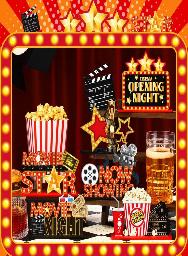 Quzzil 6 Pcs Movie Night Party Decorations Movie Wooden Table Centerpiece Ticket Star Video Popcorn Table Sign Tabletop Decor for Birthday Party Home Decoration - Image 3